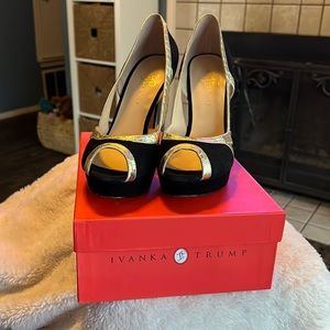 Ivanka Trump Black Suede and Gold Leather platform peep toe heels